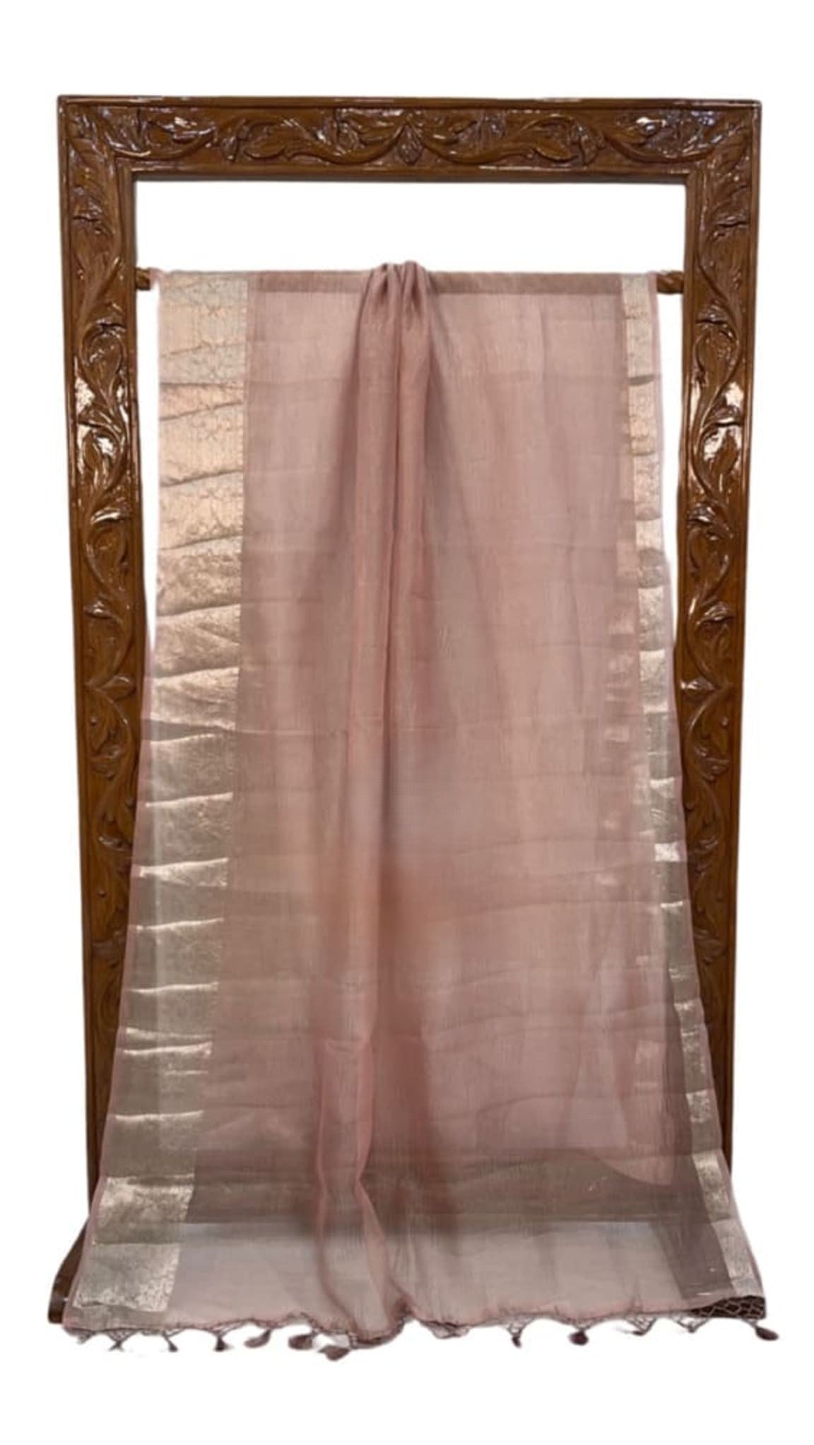 Baby pink tissue saree with silver check border, draped front and tassel trim