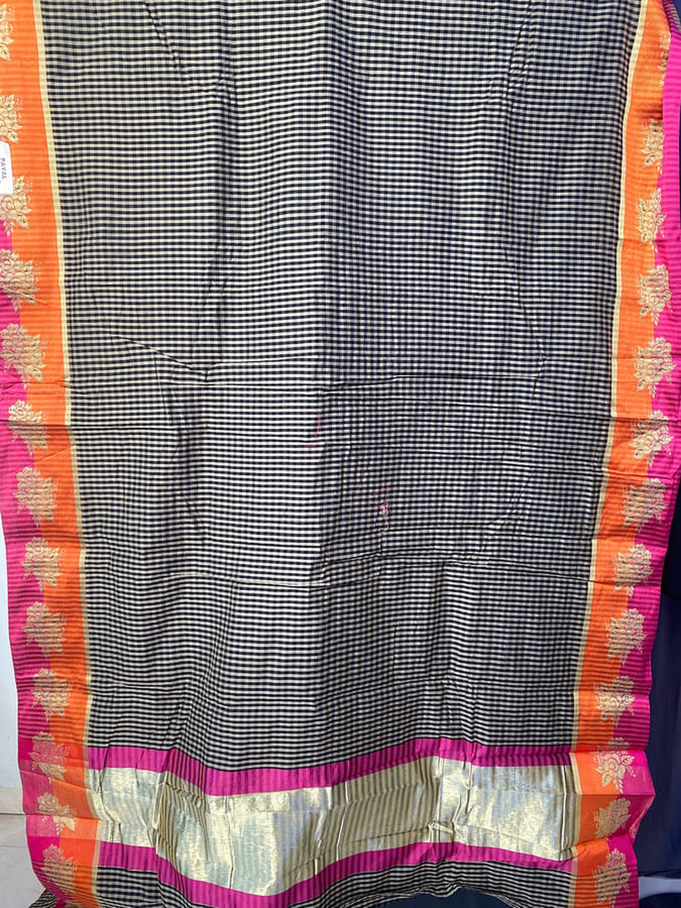 Checked pure silk saree with orange and magenta border, metallic gold band