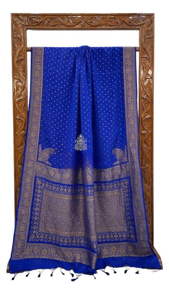 Royal Blue Pure Khaddi Crepe Georgette Handloom Banarasi Saree- Antique Zari