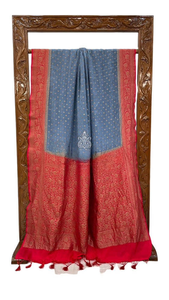 Turquoise Pure Khaddi Crepe Georgette Handloom Banarasi Saree- Antique Zari