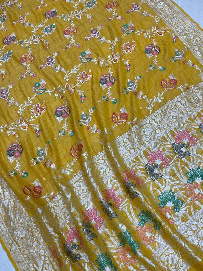 Pure Tussar Georgette Handloom Banarasi Saree- Allover Jaal with six color Meena
