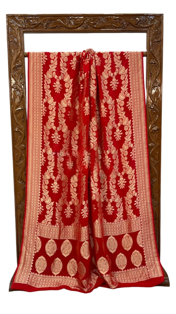 Red Pure Khaddi Georgette Handloom Banarasi Saree- Water Zari