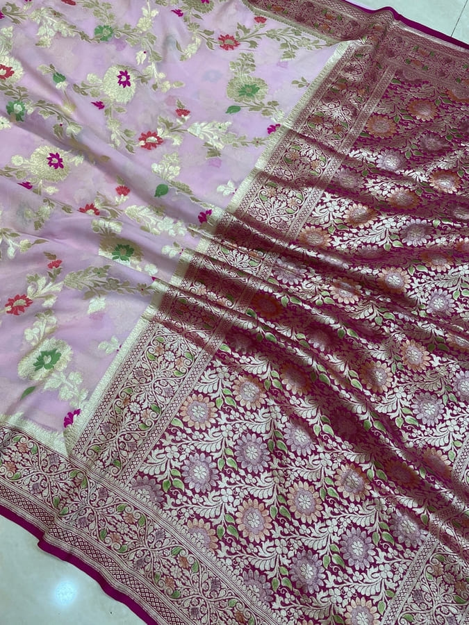 Pink Pure Khaddi Georgette Handloom Banarasi Saree- Allover Jaal with Meenakari