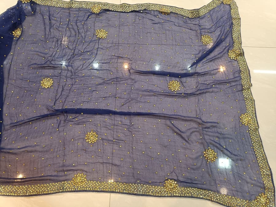 Turquoise Blue Pure Chiffon Saree with all over Pearl work