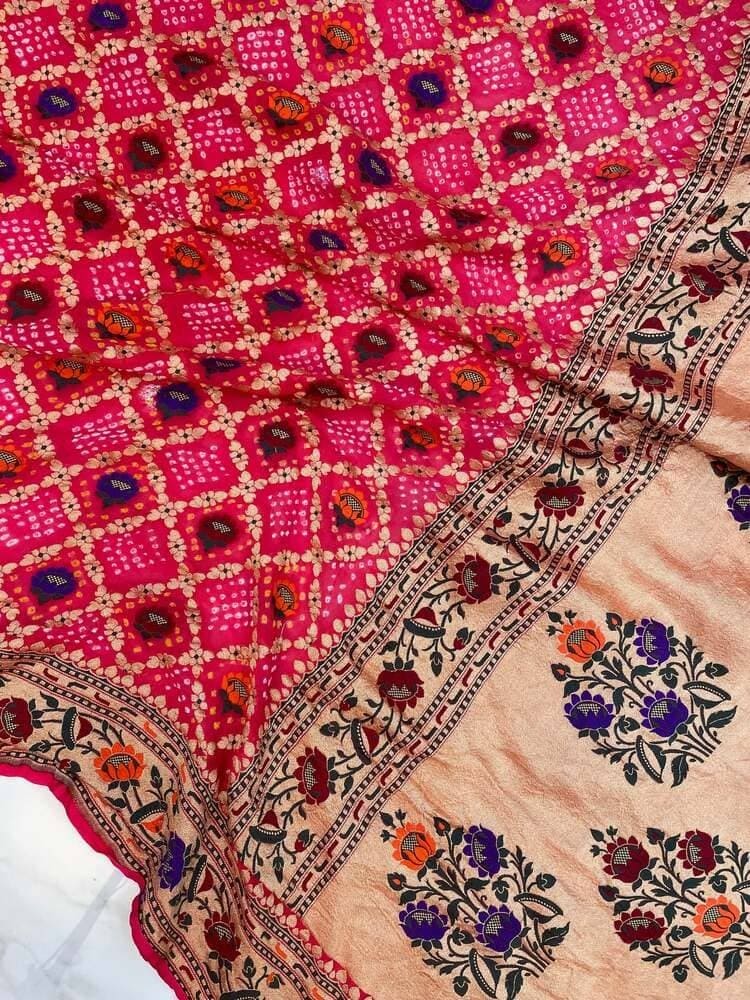 Red Pure Georgette Handloom Banarasi Bandhej Saree- with Meenakari work