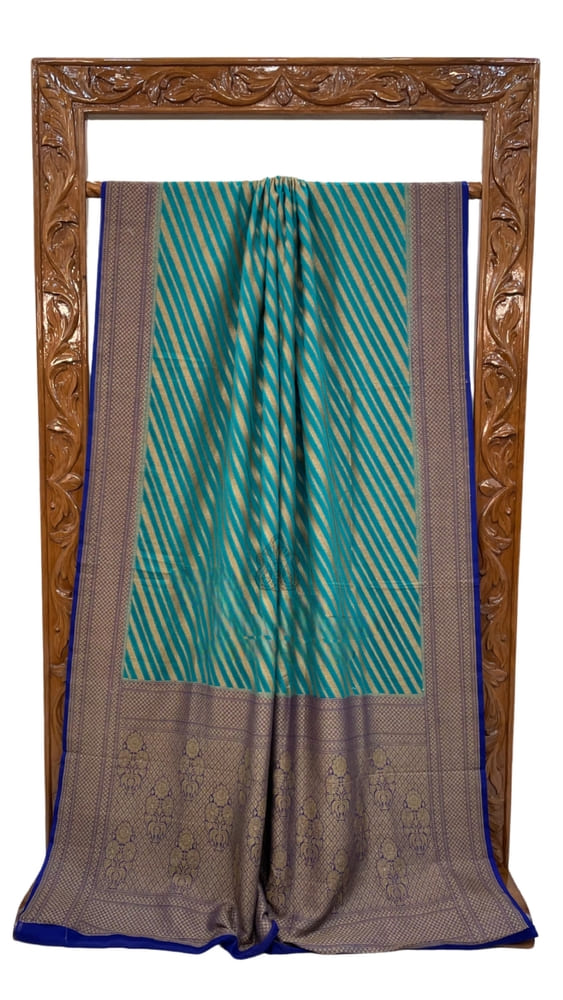 Turquoise Pure Khaddi Georgette Handloom Banarasi Saree- Antique Zari