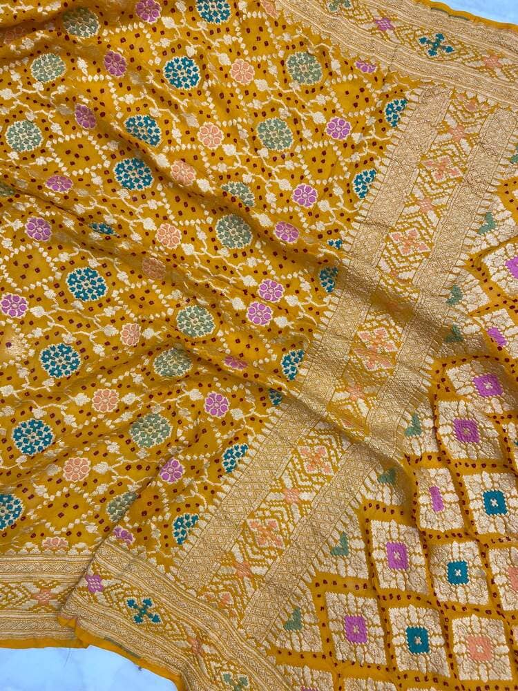Mango Yellow Pure Georgette Handloom Banarasi Bandhej Saree- with Meenakari work