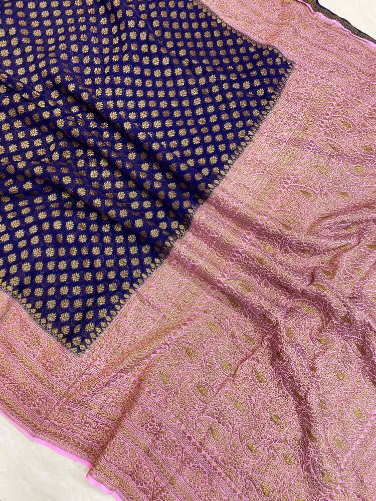 Navy Blue Khaddi Georgette Handloom Banarasi Saree - Antique Zari