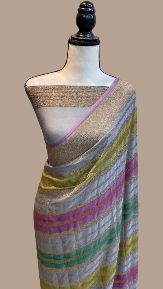 Multicolor Pure Khaddi Georgette handloom Banarasi Saree - Antique Zari