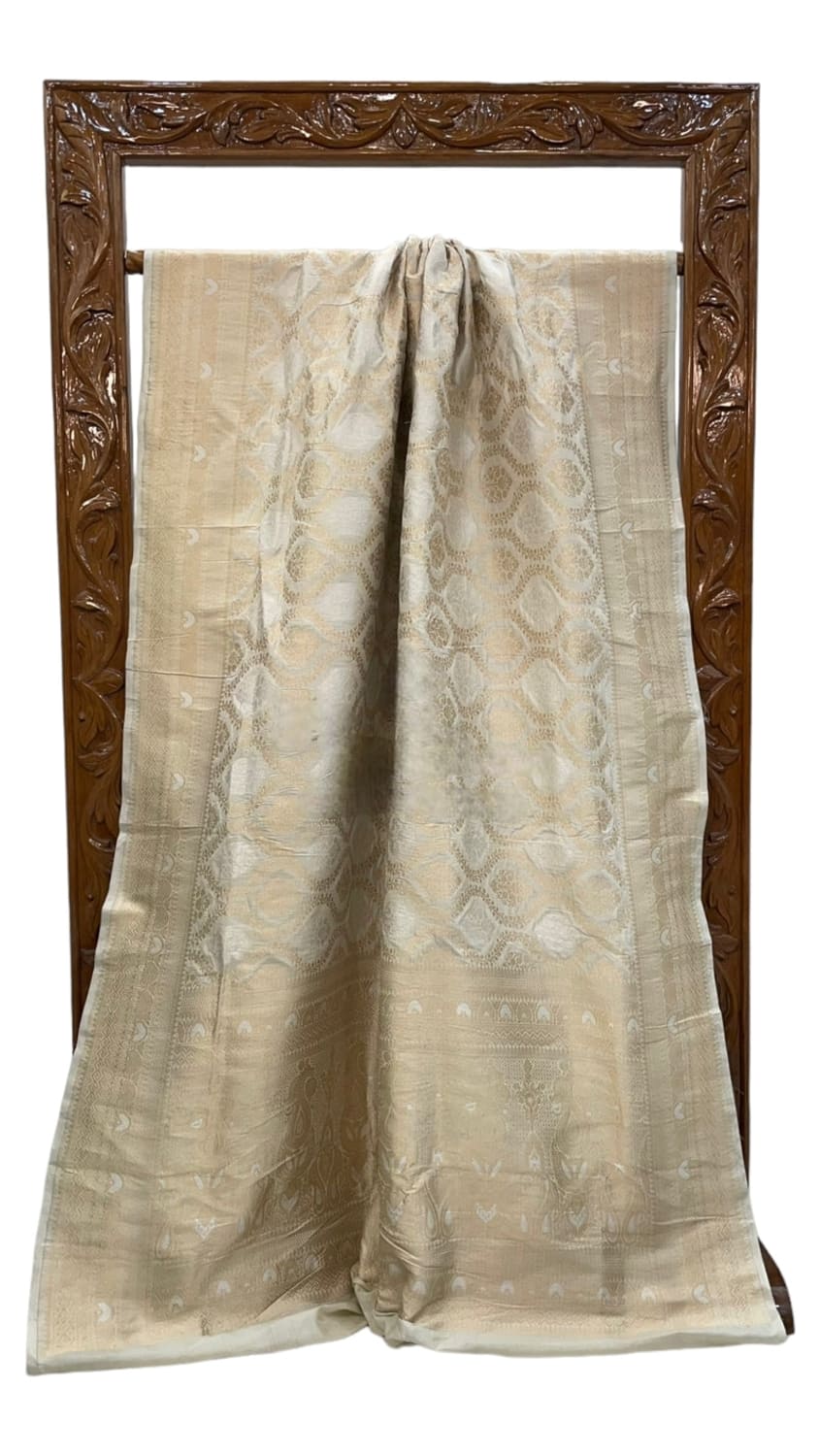 Off-white Banarasi silk saree, all-over jaal weave with thin patterned border