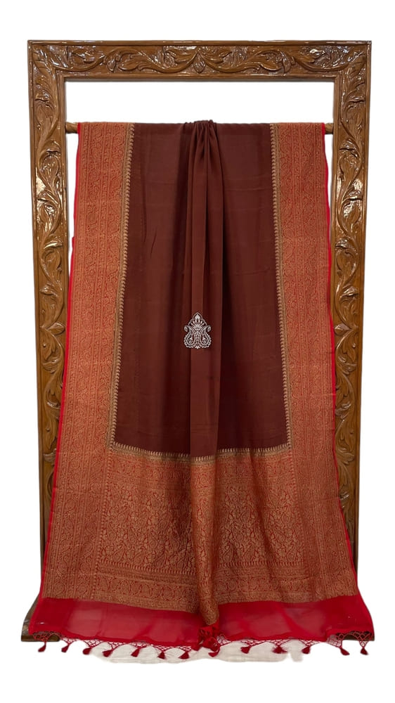 Chocolate Pure Khaddi Georgette Handloom Banarasi Saree- Antique Zari