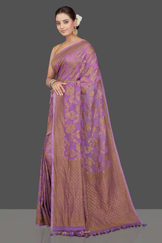 Lavender Pure Khaddi Georgette Handloom Banarasi Saree- Antique Zari