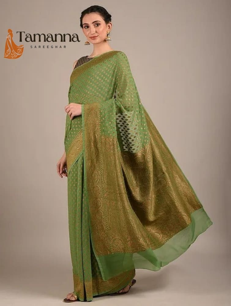 Pista Green Pure Khaddi Georgette Handloom Banarasi Saree- Antique Zari