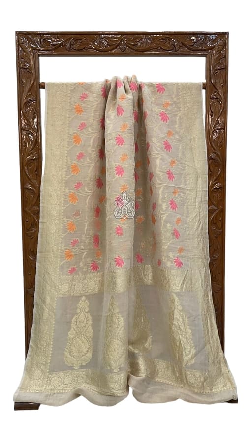 Off White Tussar Georgette Handloom Banarasi Saree- All over Jaal work Meenakari