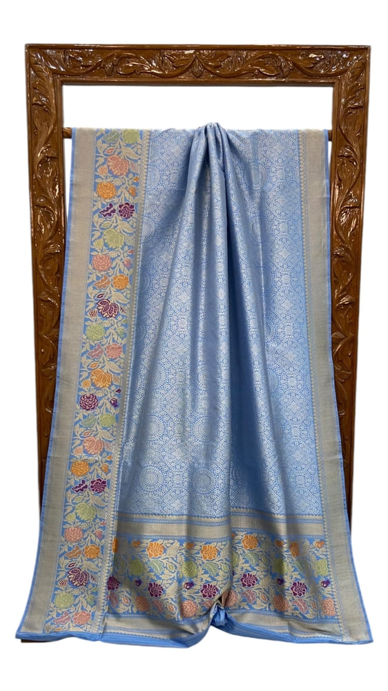 Sea Blue Pure Katan Silk Banarasi Handloom Saree- Tanchui Brocade with Meenakari