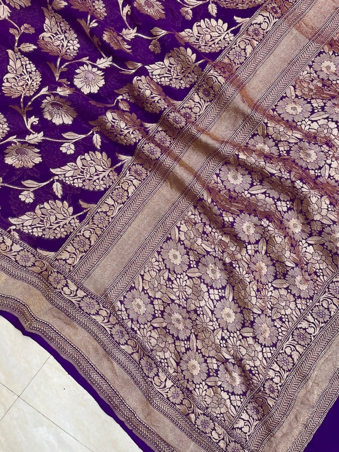 Blue Pure Khaddi Georgette Handloom Banarasi Saree- Gold Zari