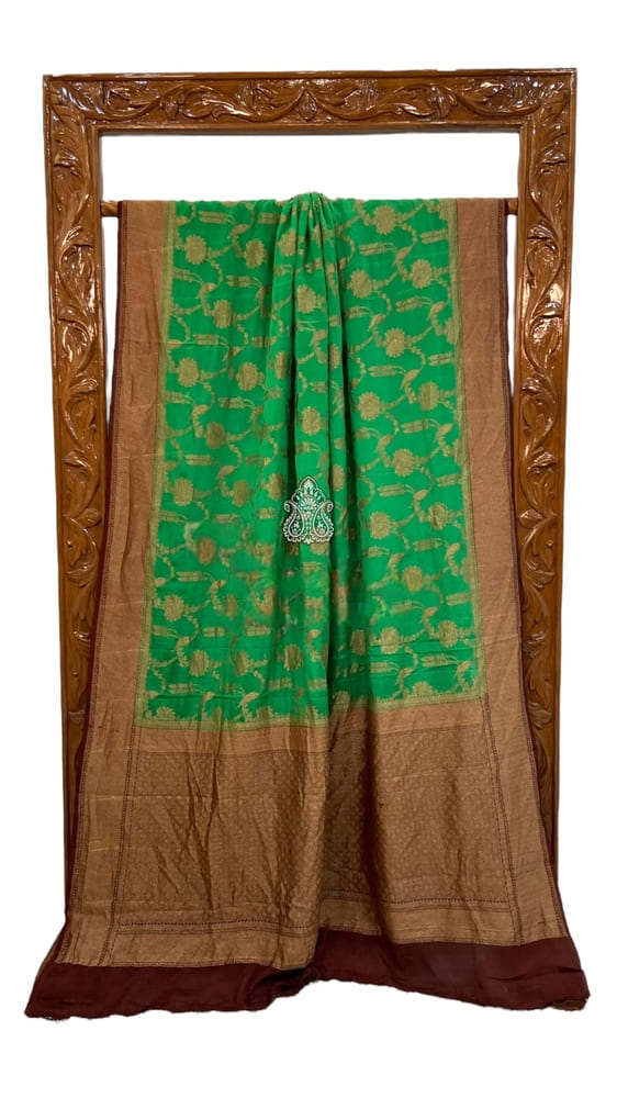 Jade Green Pure Khaddi Crepe Georgette Handloom Banarasi Saree- Antique Zari