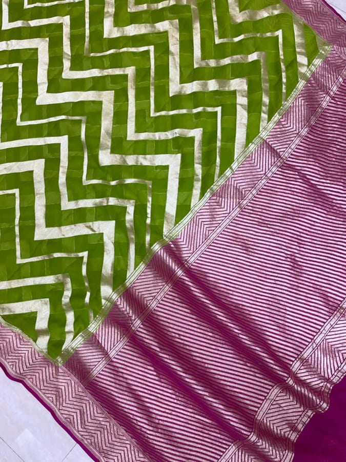 Olive Green Pure Khaddi Georgette Handloom Banarasi Saree- Water Zari