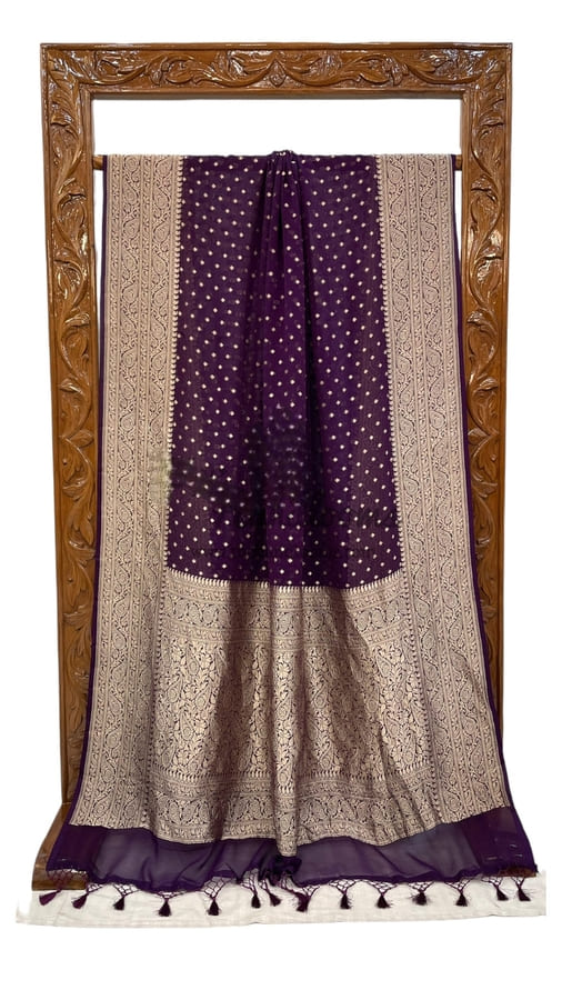 Wine Pure Khaddi Georgette Handloom Banarasi Saree- Water Zari