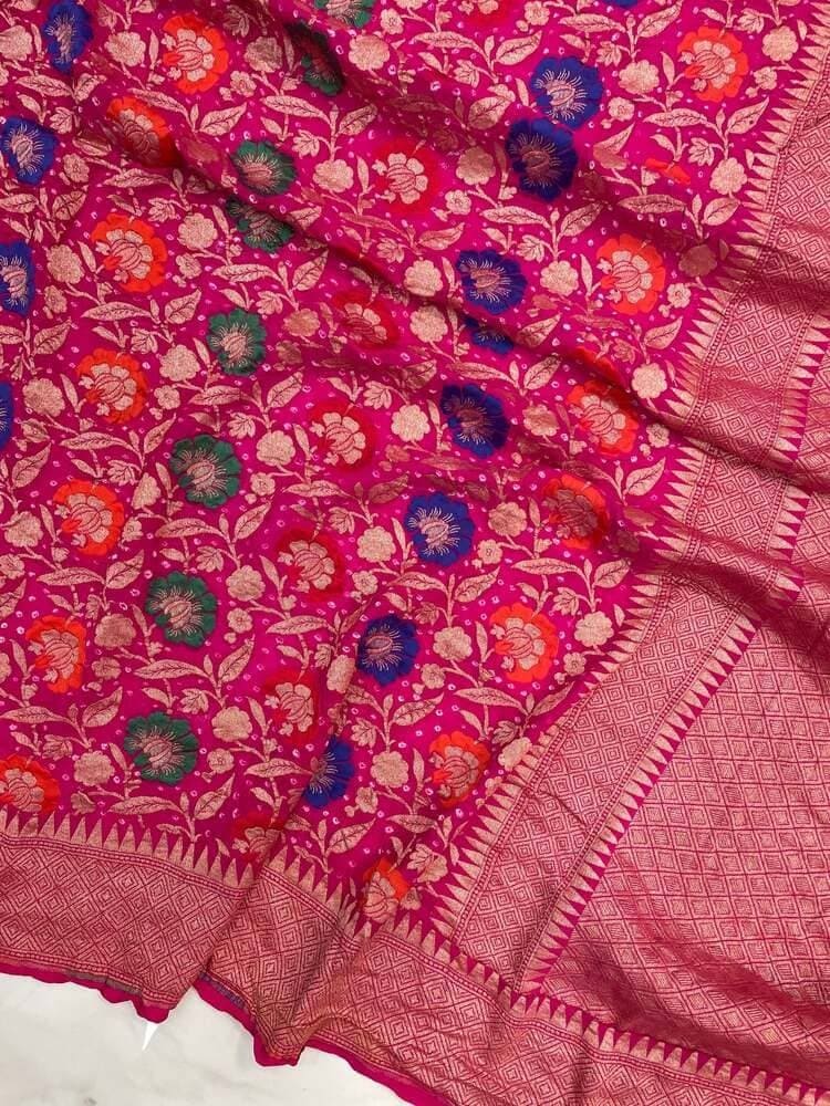 Hot Pink Pure Georgette Handloom Banarasi Bandhej Saree- with Meenakari work