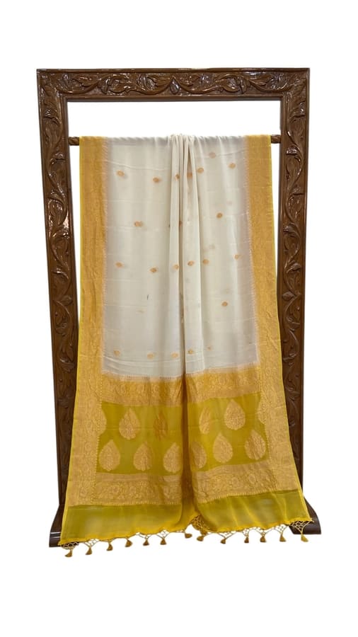 White Pure Khaddi Georgette Handloom Banarasi Saree- Gold Zari