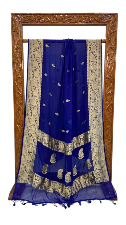 Neel Blue Pure Khaddi Georgette Handloom Banarasi Saree- Gold Zari