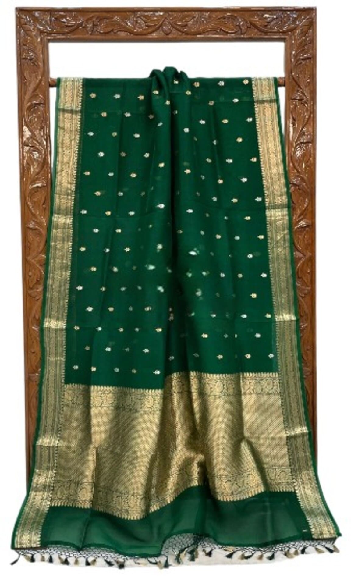 Green saree with gold border, beaded trim edge, and tiny dotted motif