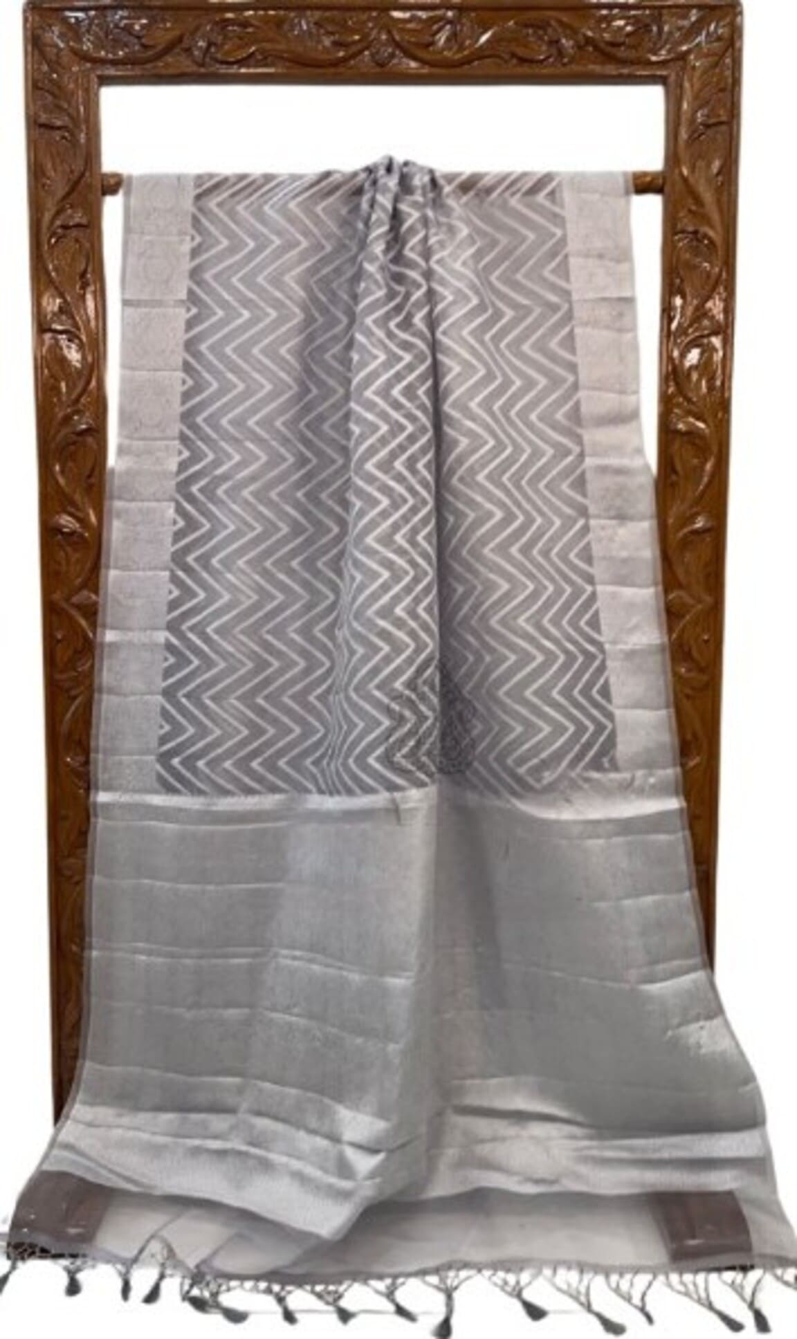 Grey Banarasi saree pallu with chevron motif panels and striped border with tassels