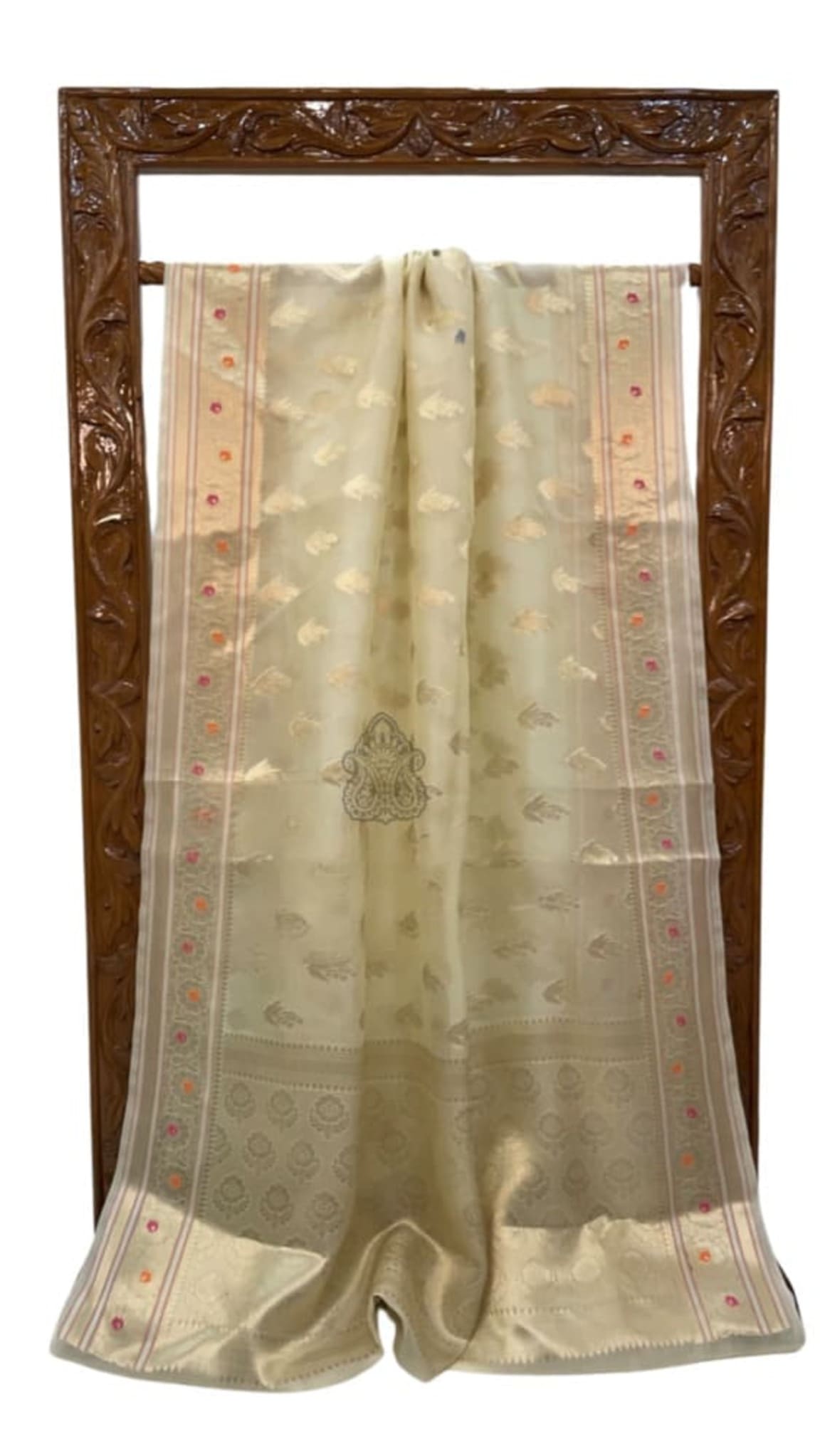 Ivory Banarasi saree folded, centered motif panel with multicolor edge border