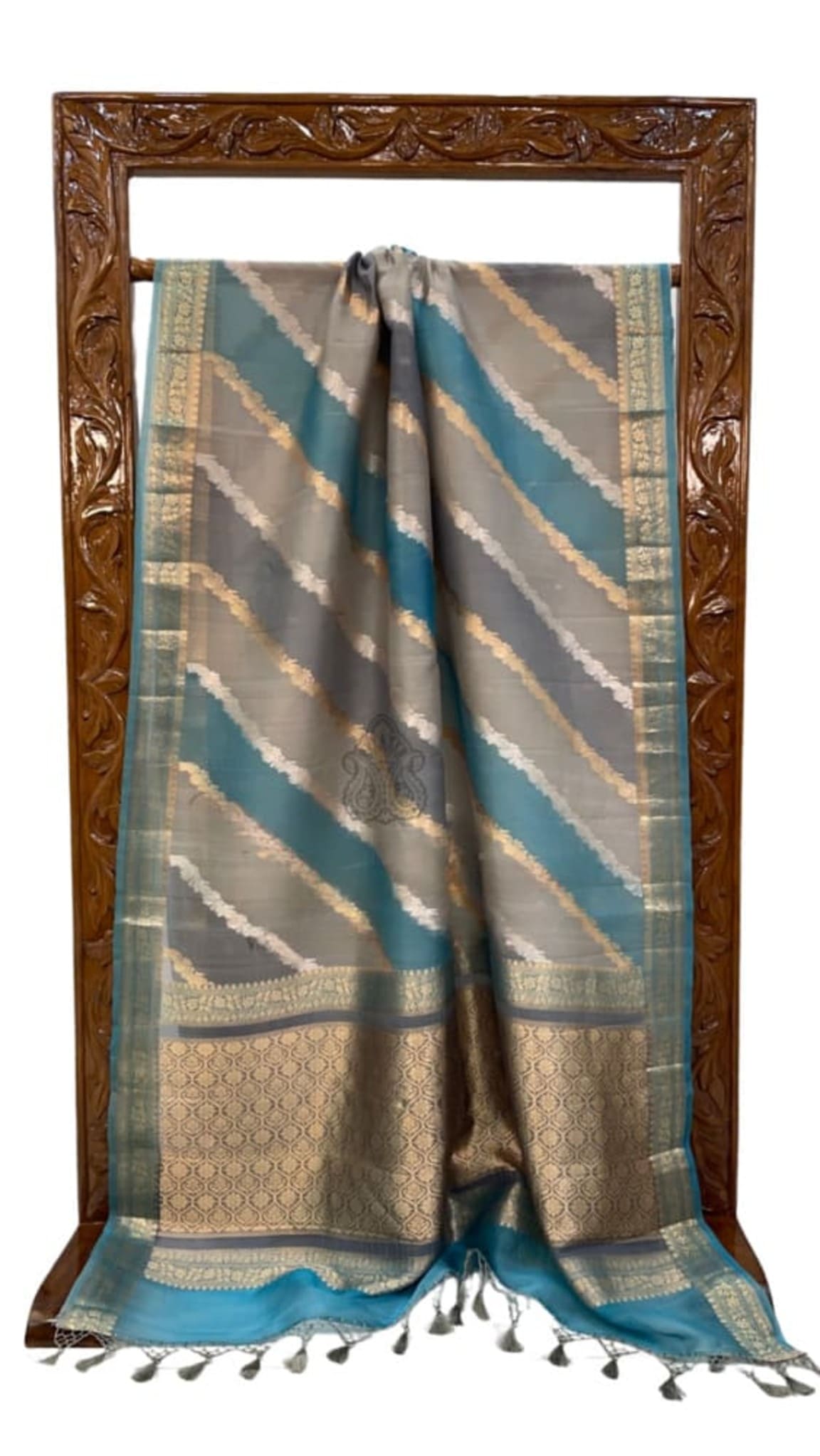 Turquoise & grey Banarasi saree with gold stripes, tassel edge and gold border