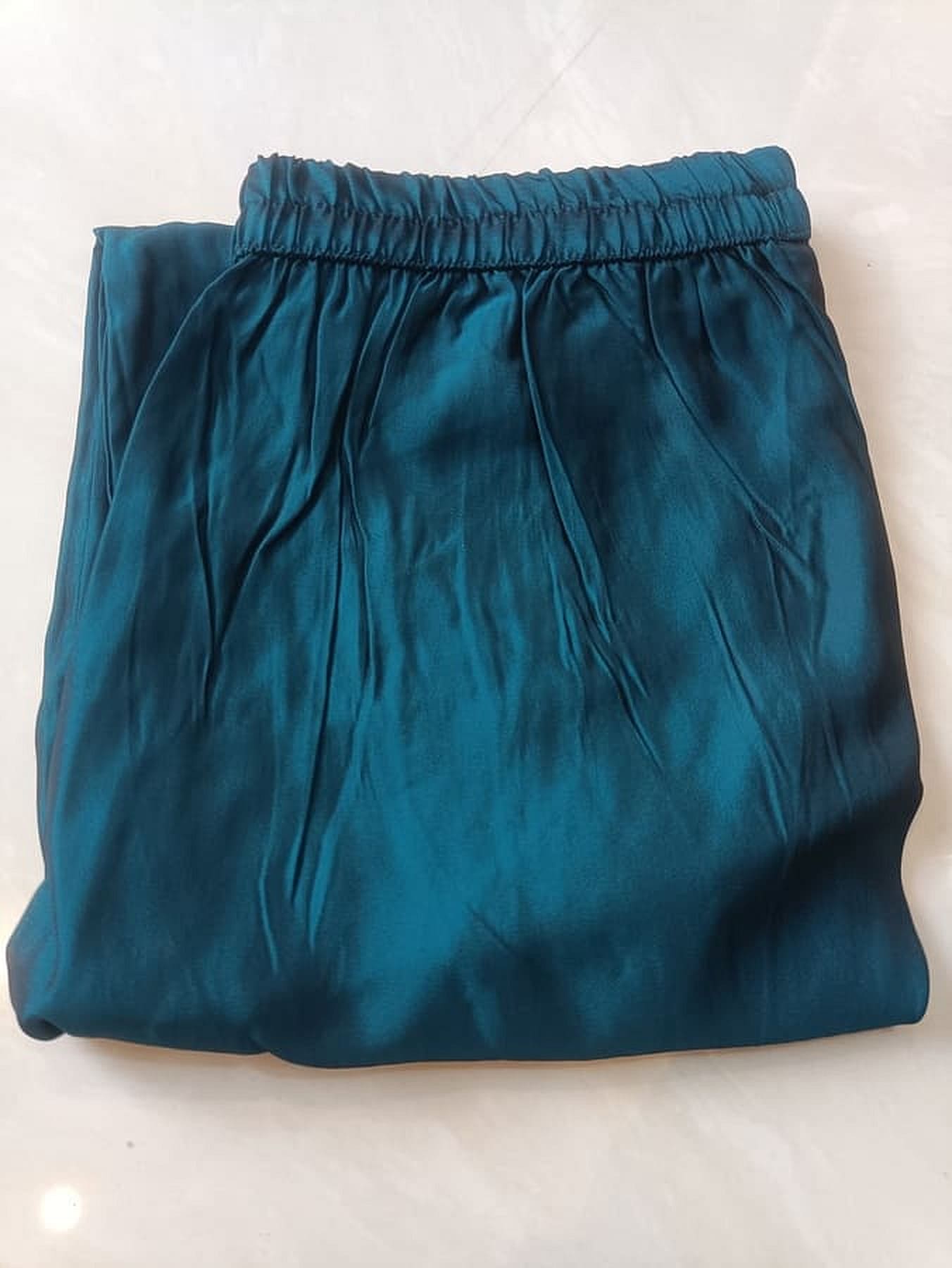 Teek blue silk pants with elastic waist and soft gathered fabric pleats