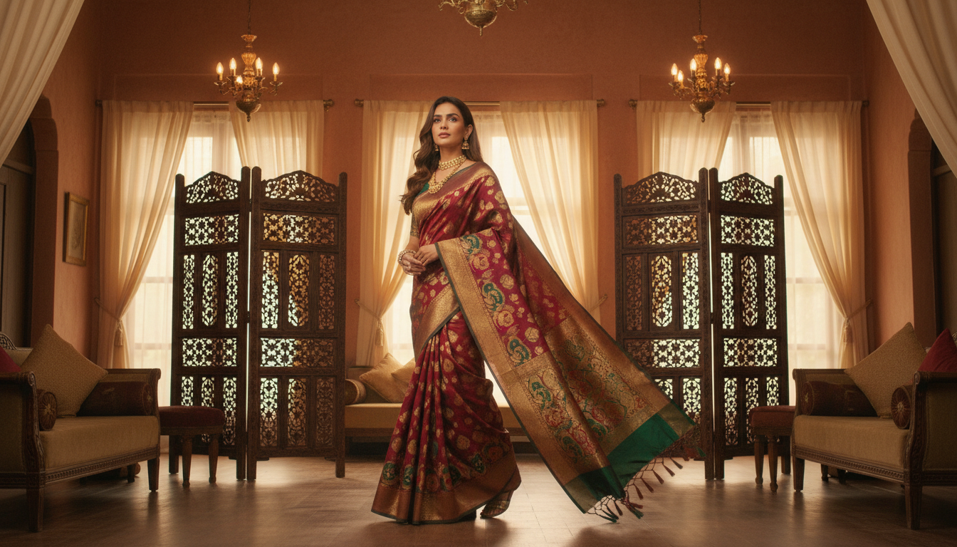 women wear premium banarasi saree standing in traditional room