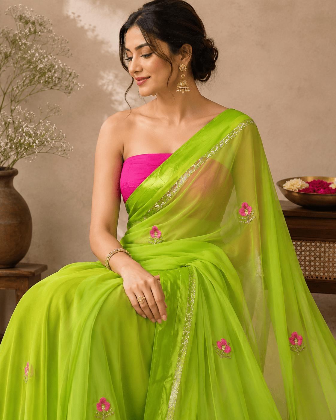 women wear green georgette saree