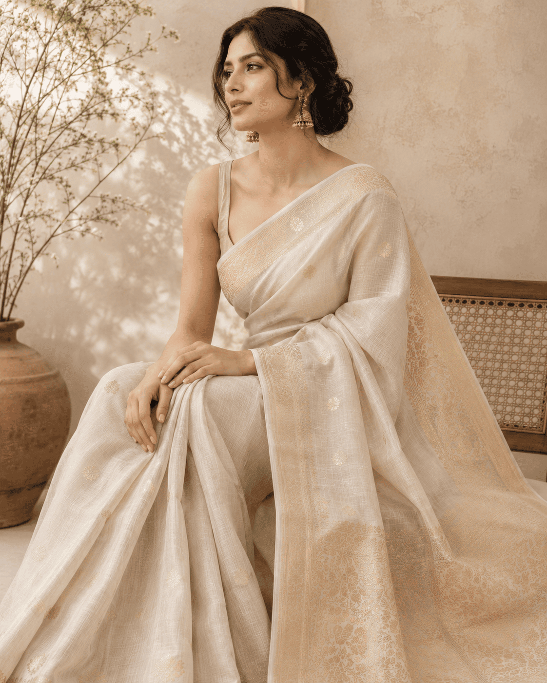 women wear off white linen banarasi saree