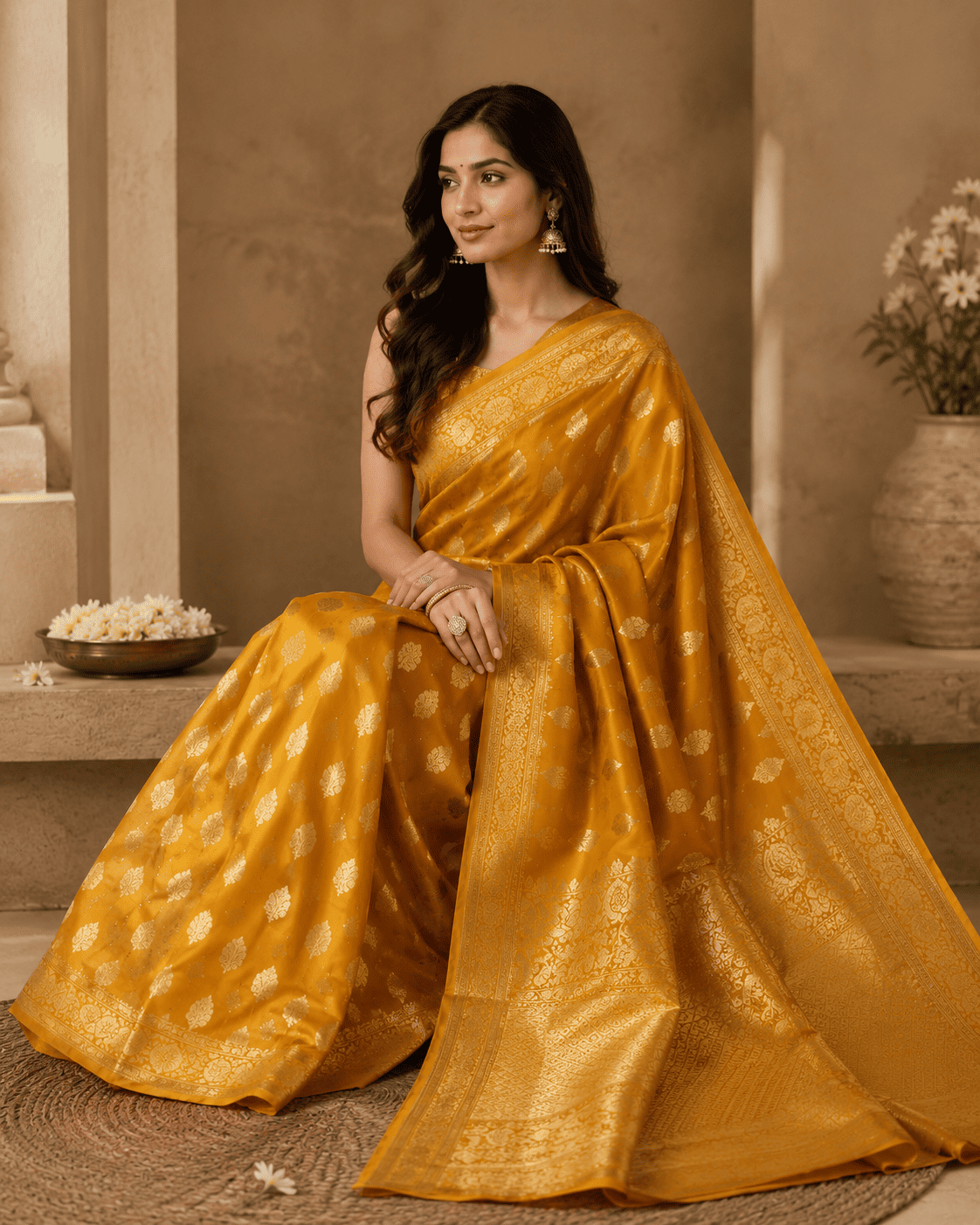 women wear a yellow mango silk banarasi saree
