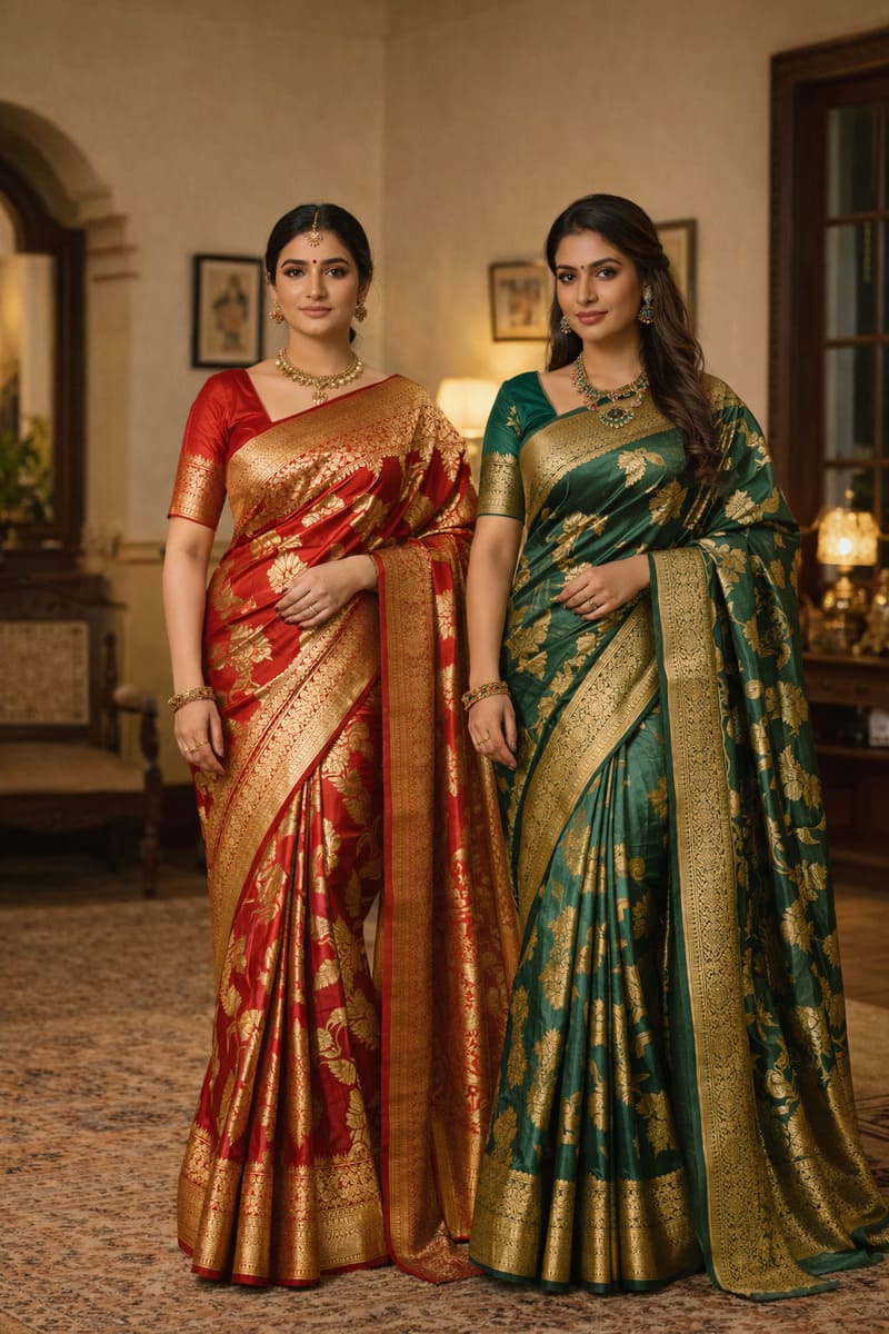two women wear premium banarasi saree from new arrivals of tamanna saree
