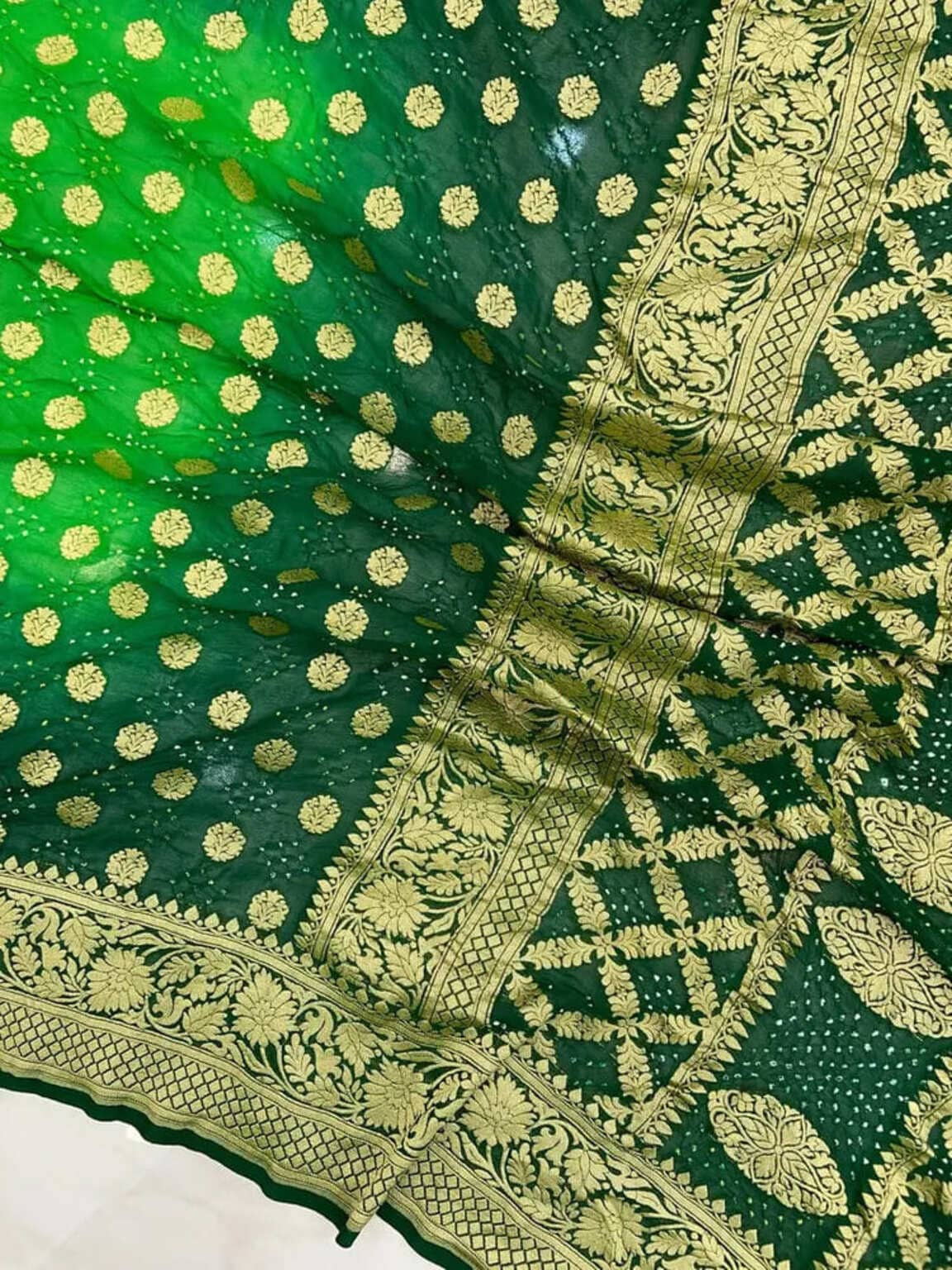 Green Shade Georgette Bandhej Handloom Banarasi Saree | Tamanna Saree