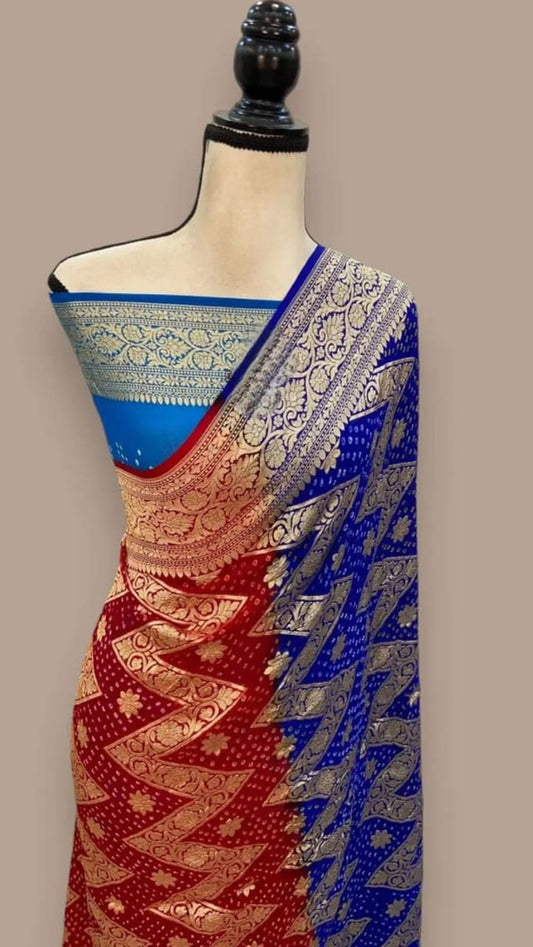 Draped saree with red maroon bandhej sections and blue pallu, ornate gold border