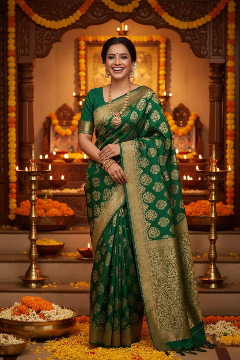 Woman in a green saree with gold patterns standing in a decorated indoor setting.