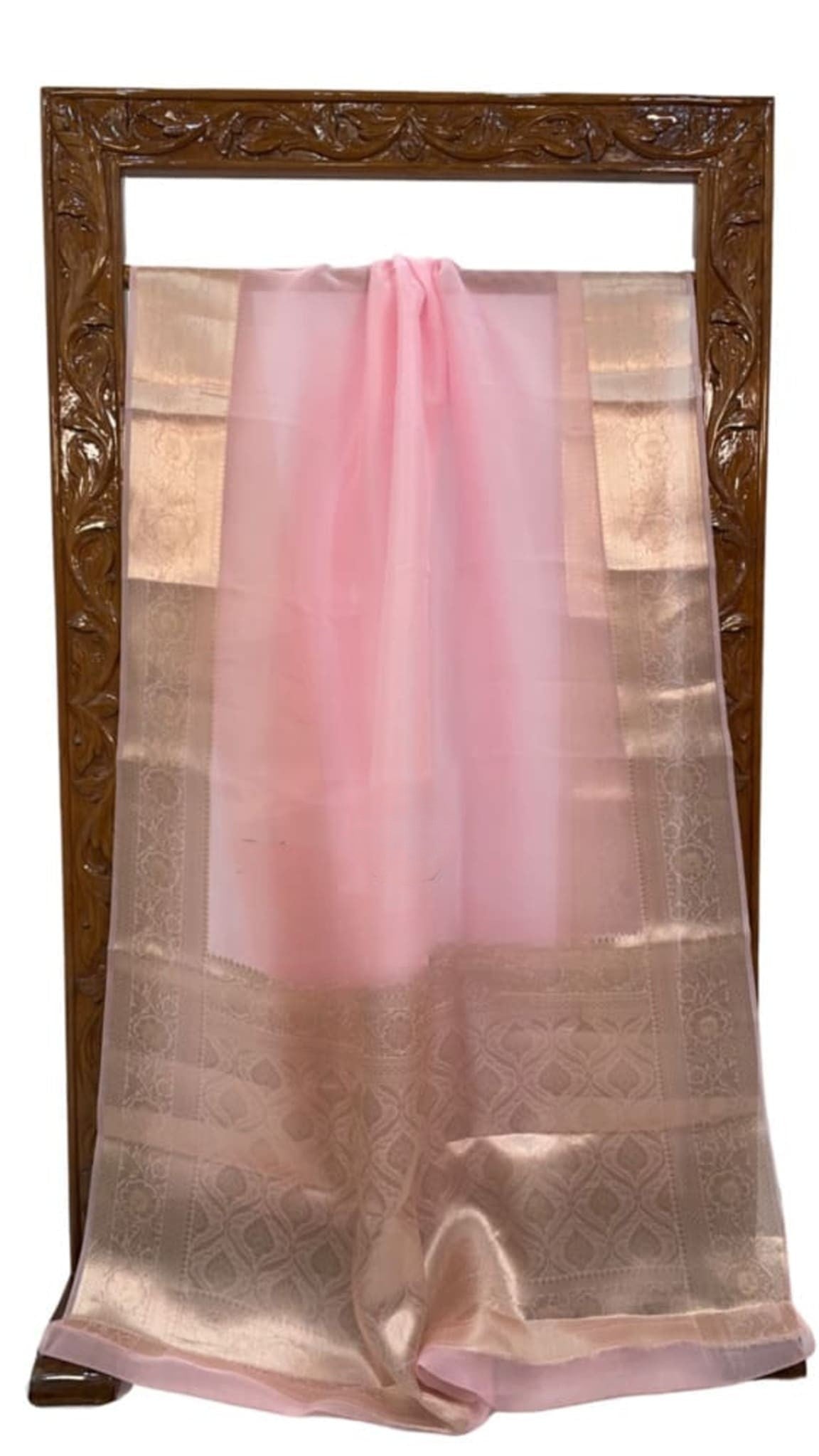 Baby pink Banarasi-style kora saree with gold-toned checks and satin border