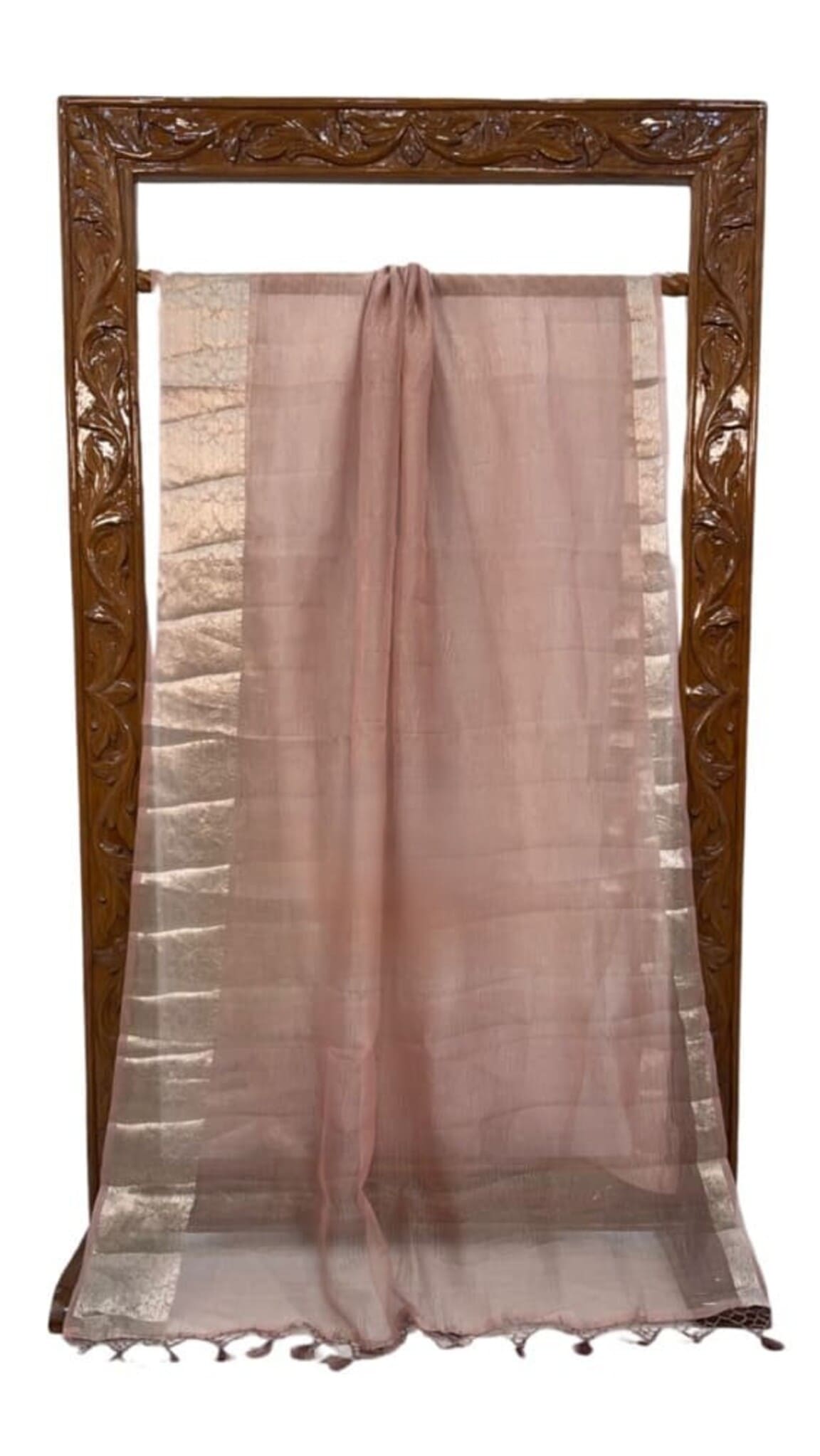 Baby pink tissue Banarasi saree with silver border, pleated drape and tassels