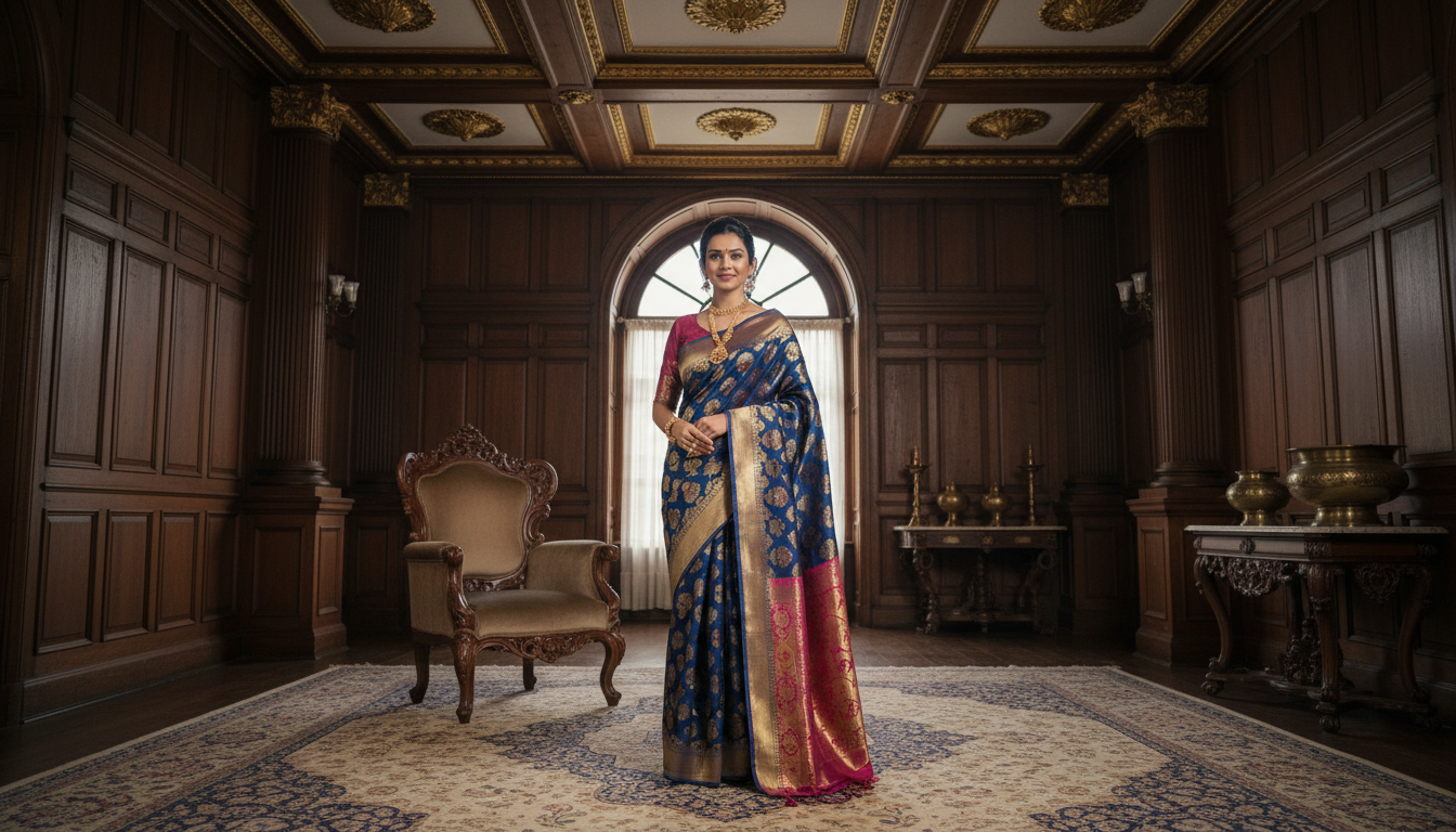 women wear royal blue banarasi saree with traditional room