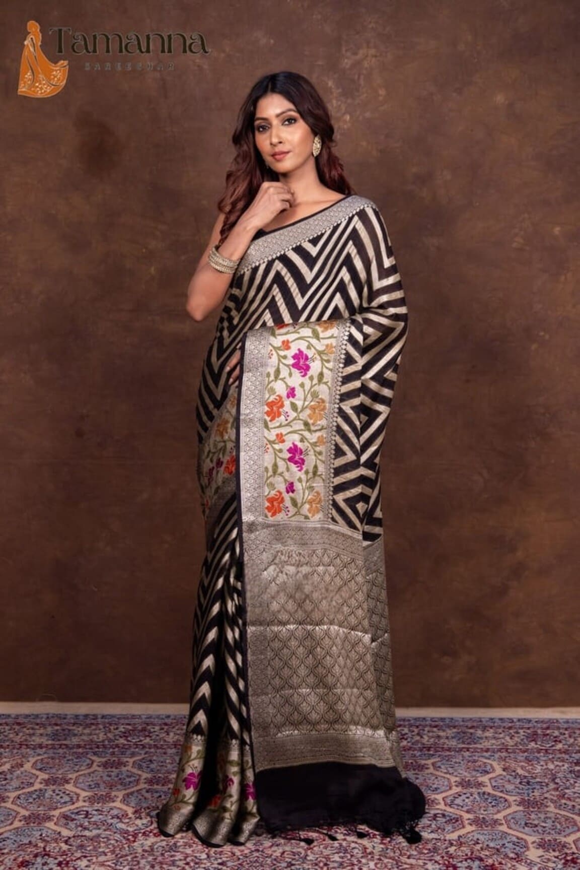 Black and white striped Banarasi saree with floral panel, silver zari border