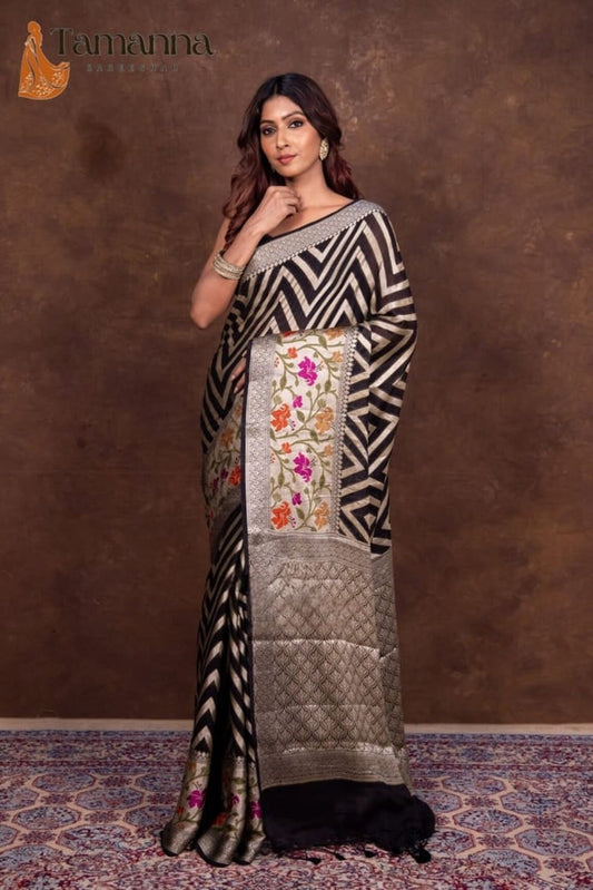 Black and white striped Banarasi saree with floral panel, silver zari border