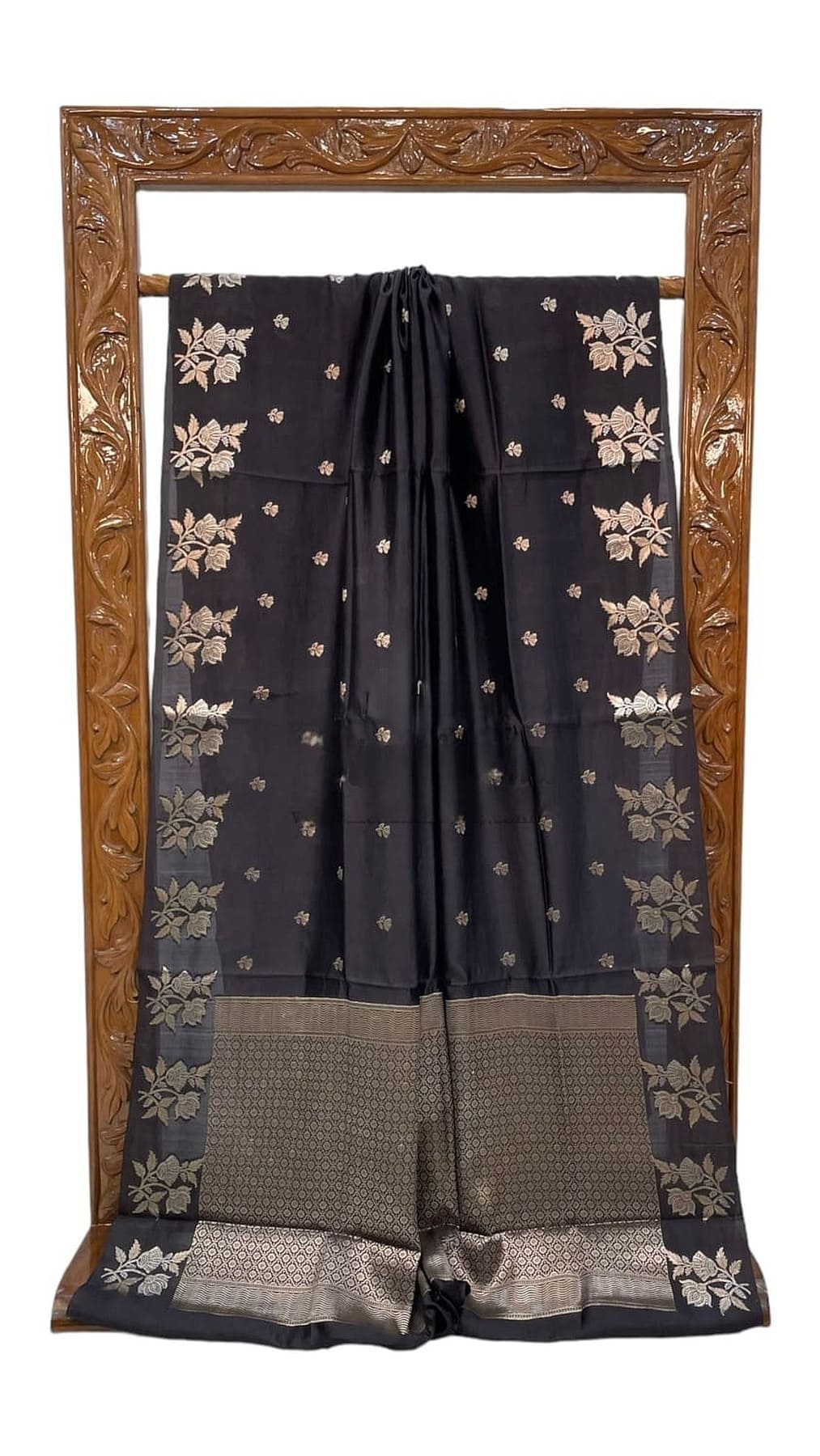 Pure silk Banarasi handloom saree, dark with gold allover motifs, contrast border, full view