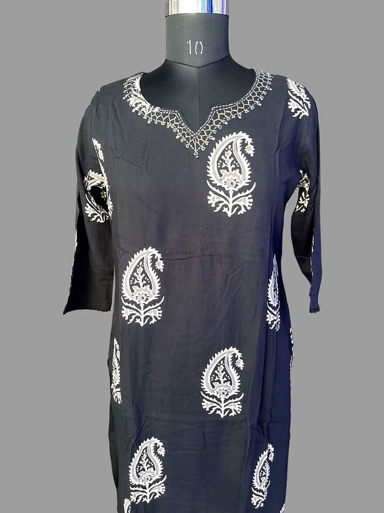 Black rayon suit set by Tamanna Saree: black kurta with white paisley motifs on front sleeves
