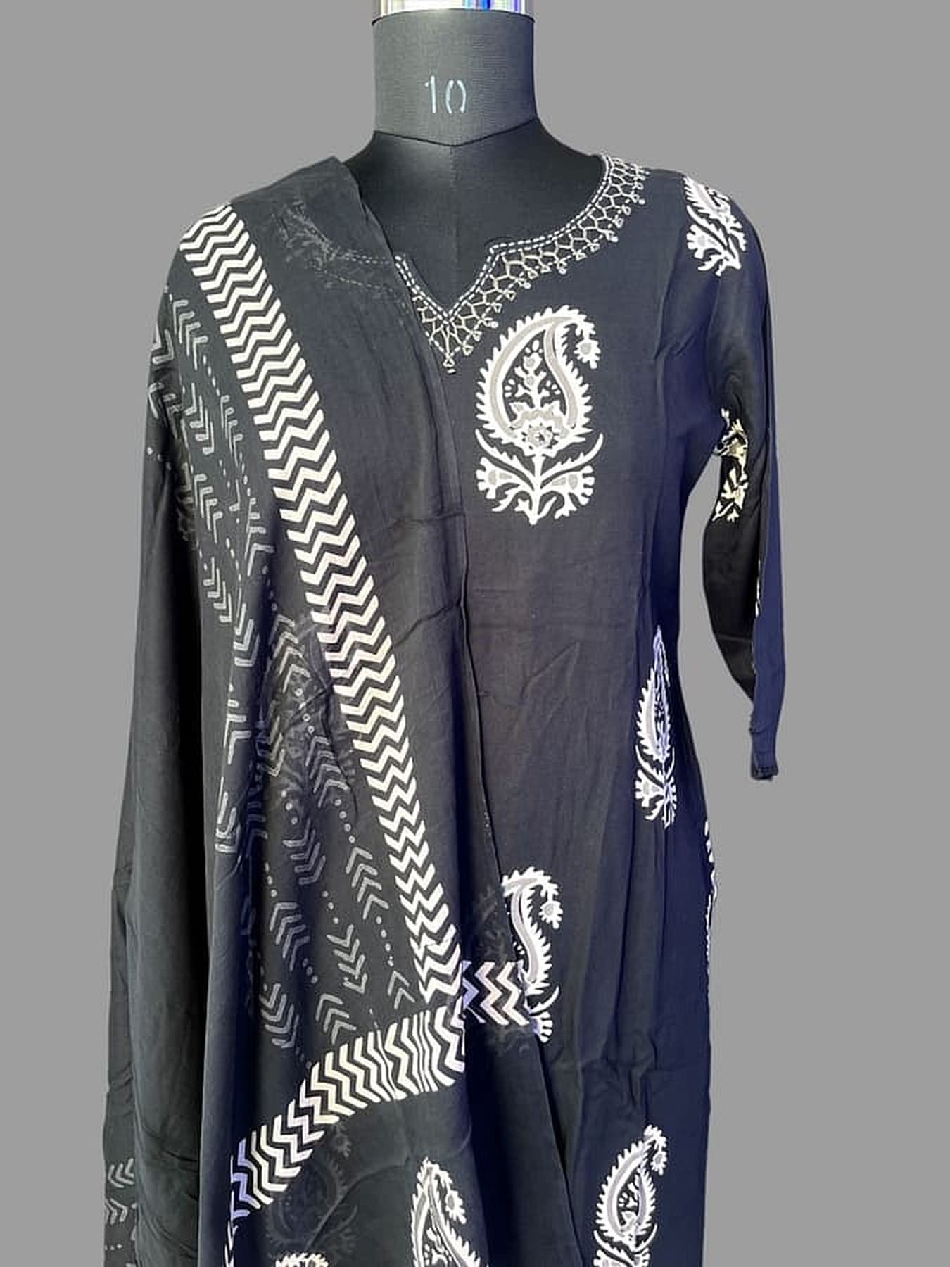 Black rayon suit set by Tamanna Saree: black embroidered kurta with paisley accents and dupatta