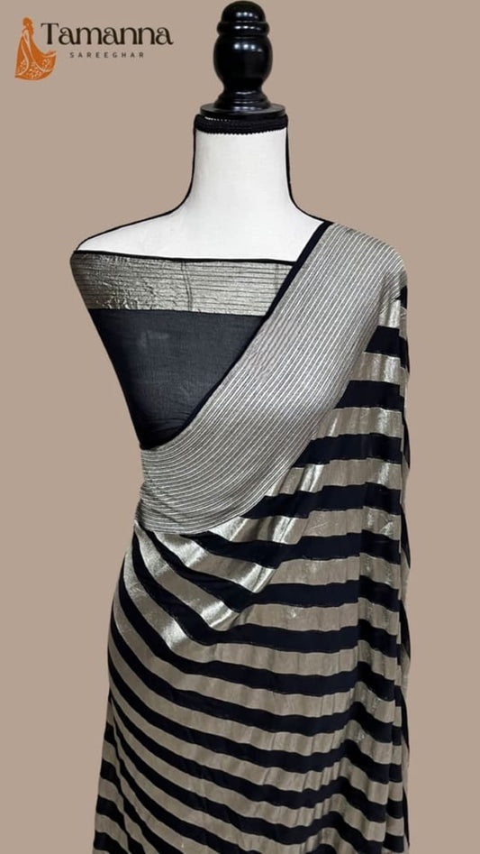 Black and silver striped saree with zari border and shimmering metallic pallu