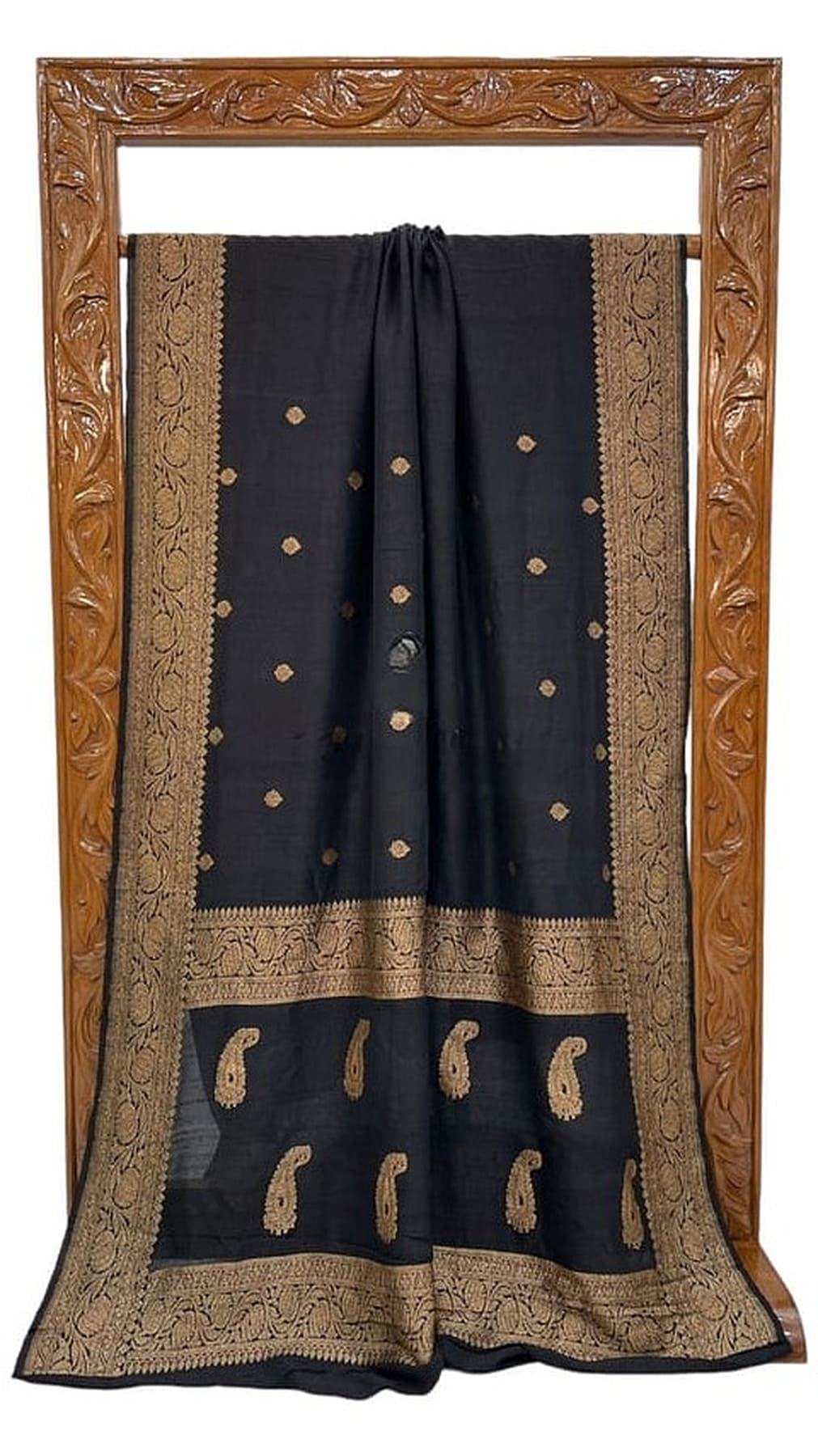 Black tussar georgette saree with gold pallu panel and ornate border