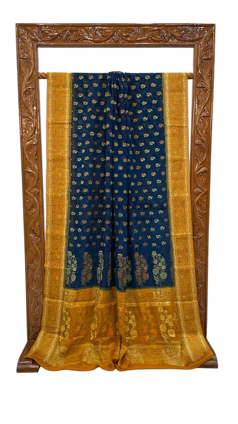 Folded Blue Banarasi chiffon saree with gold zari border and dense small gold motifs, gold pallu